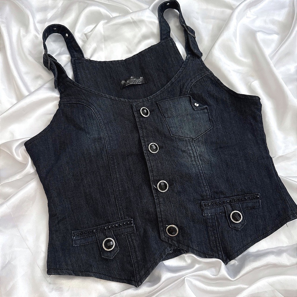 Clash Premium Denim Dark Wash Buckle Strap Vest Studded Jewel Button Top Large